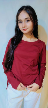 DRAWSTRING RUCHED SOLID FULL SLEEVE TEE-WINE